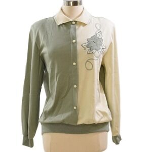 80s Vintage Sage Green & Ivory Appliqued Beaded Floral Top Womens L Cottagecore